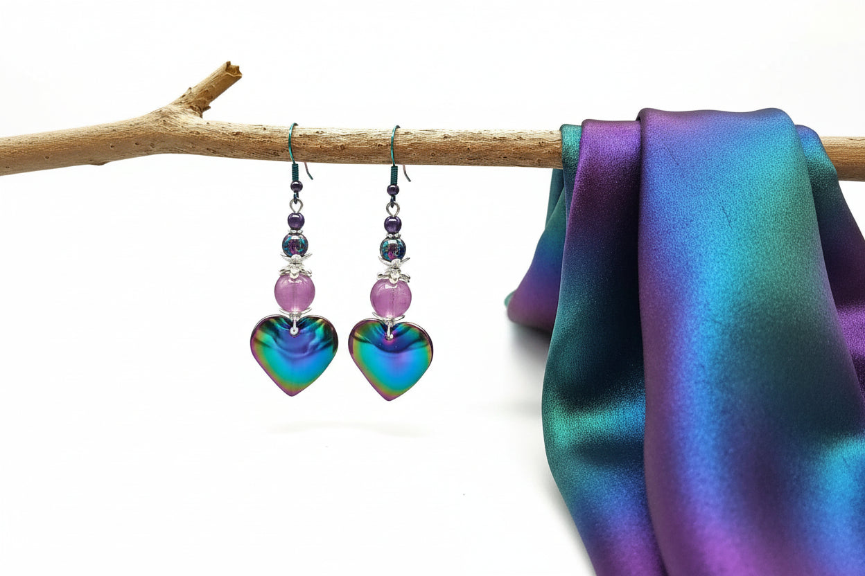 Rainbow Stainless Steel Heart Earrings - Handmade Lava Bead Dangle Earrings 2.5"