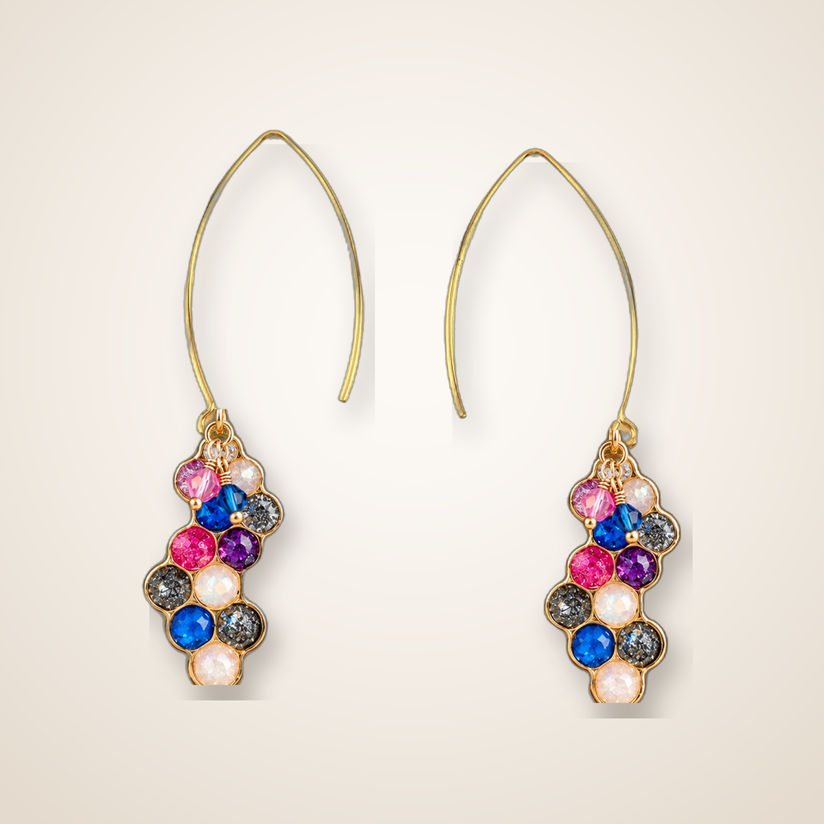 Handmade honeycomb crystal drop earrings with pink, blue, purple, white and black faceted stones on gold-toned teardrop wire hooks