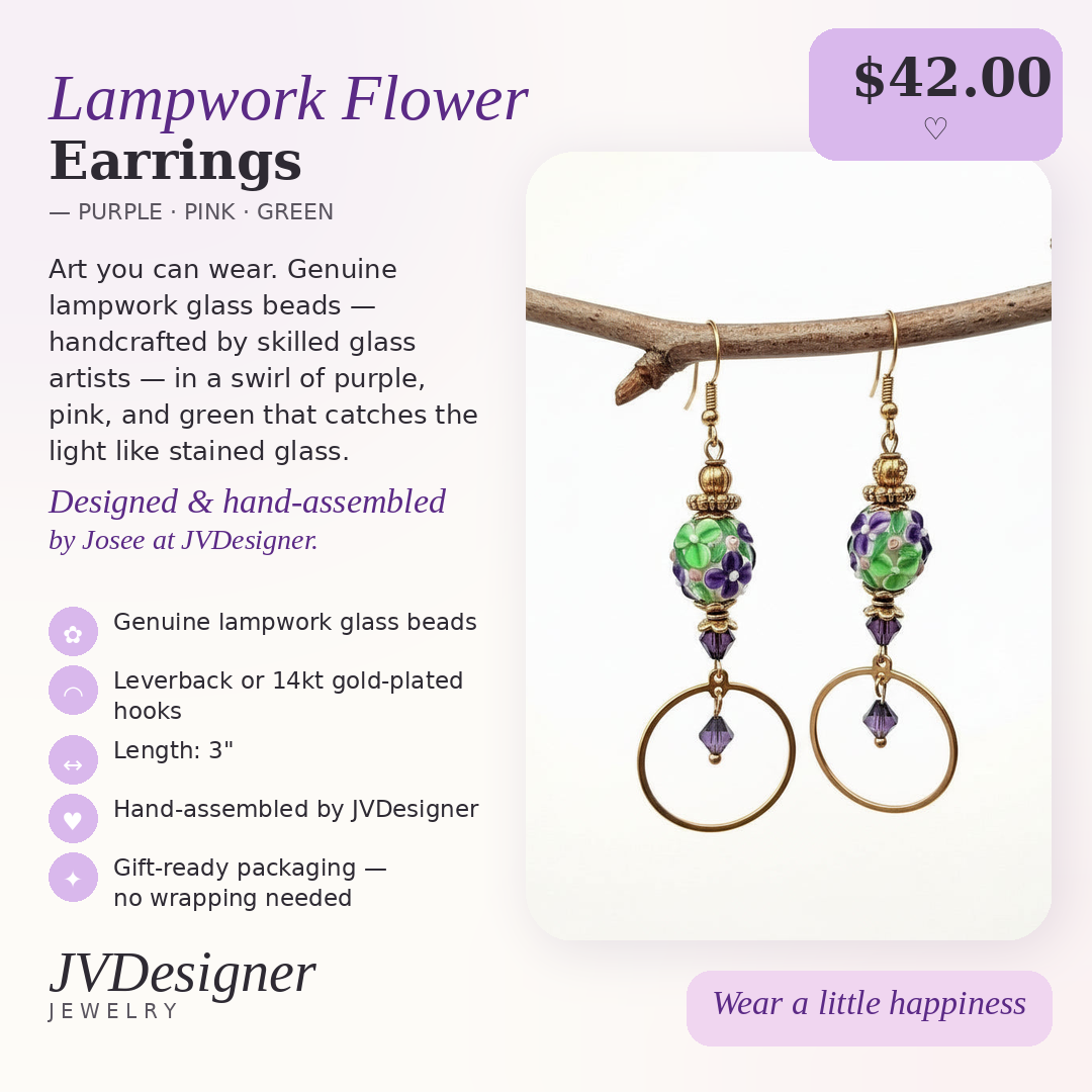 Lampwork Flower Earrings - Handcrafted Purple Pink Green | 3 Inches - promotional graphic with product details and pricing text