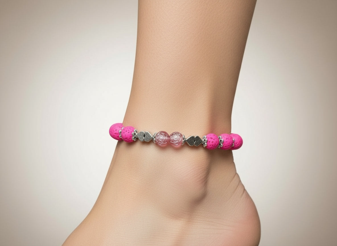 Pink Lava Bead Anklet - Stretch Design with Glass & Silver Hearts | 8.5-11"