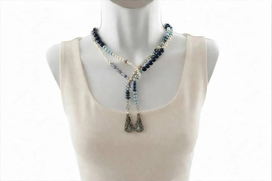 Long collier de perles 46 pouces - Cristal de verre bleu et blanc fait à la main argenté | JVDesigner