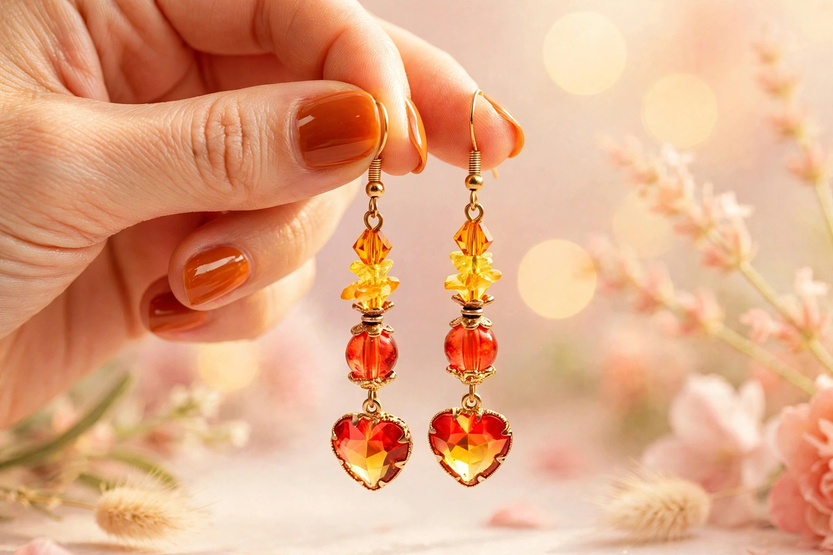 Hand holding gold dangle earrings with orange crystal beads and red-orange heart pendants against a soft pink floral background