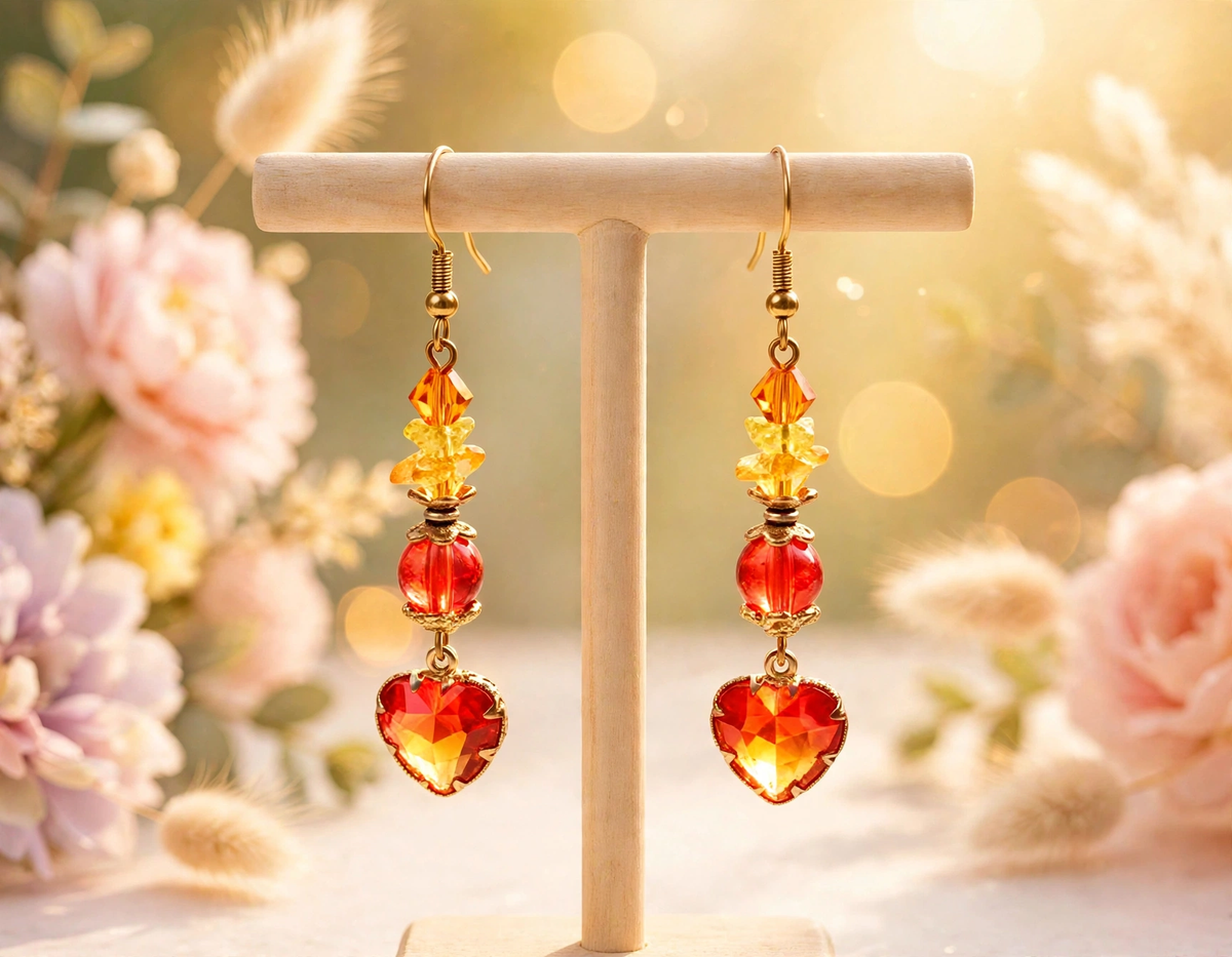 Orange-red heart crystal dangle earrings with gold bead accents displayed on a wooden T-bar stand with blurred pink flowers