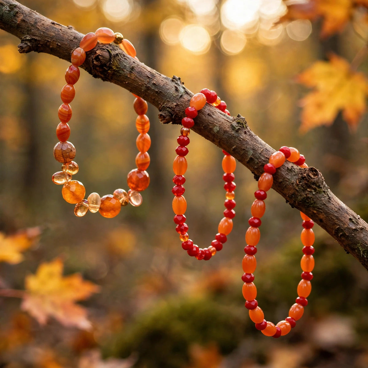 Set of 3 handmade autumn glass bead stretch bracelets hanging on a branch