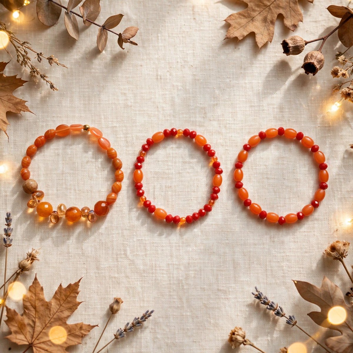 Set of 3 handmade autumn glass bead stretch bracelets in orange, amber and red