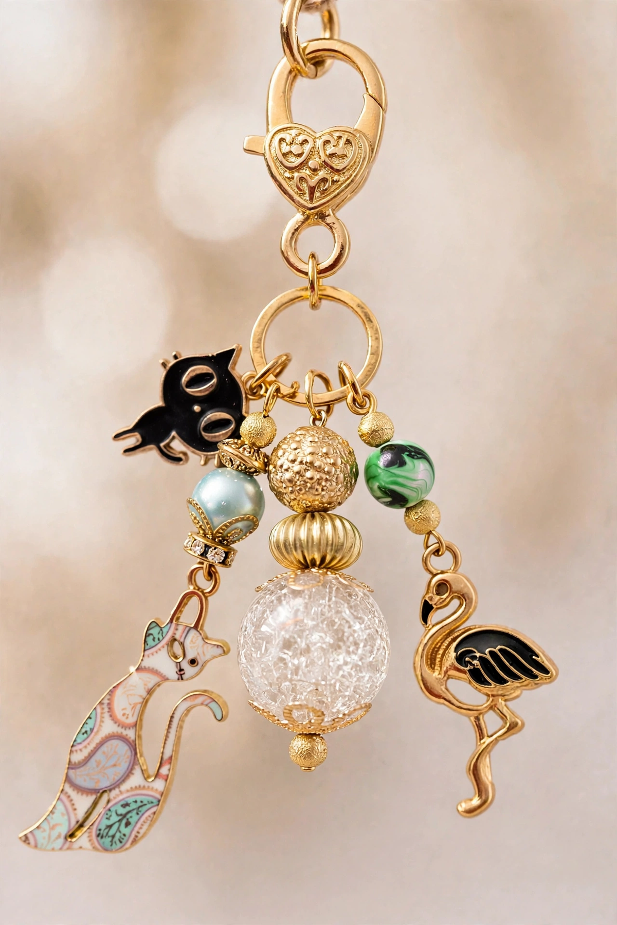 Close-up of antique gold animal purse charm showing pink flamingo, heart clasp, and detailed beadwork