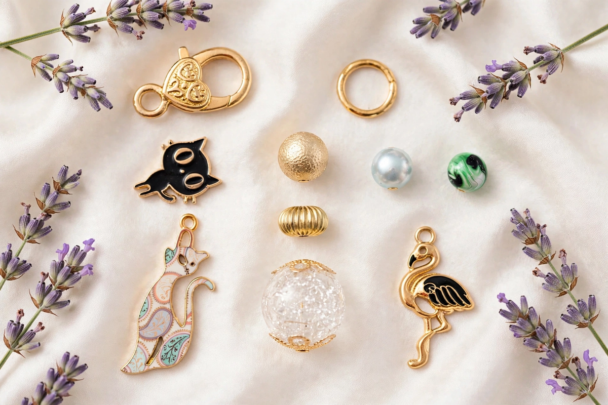 Flat lay of antique gold animal purse charms with flamingo and cat charms arranged on a styled surface