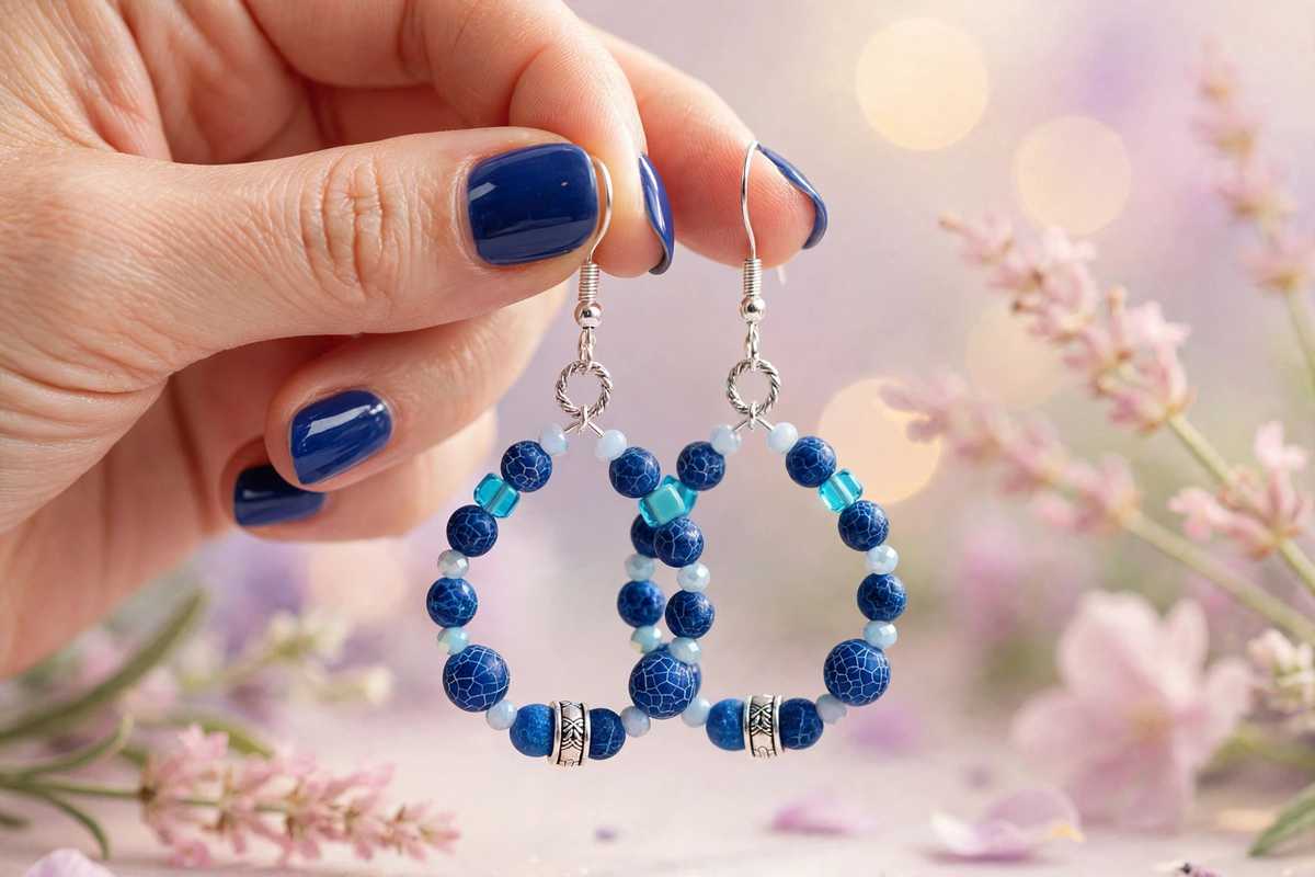 Hand holding blue crackle bead hoop earrings with turquoise cube beads