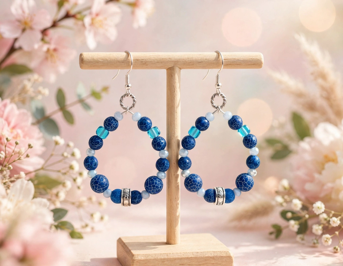 Blue crackle bead hoop earrings with turquoise cube beads on wood display stand