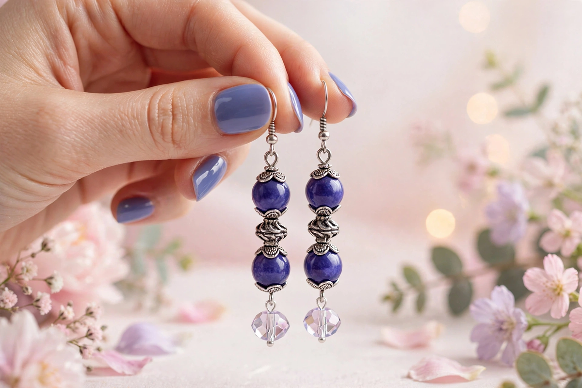 A close-up of a hand with lavender nail polish holding a pair of dangling earrings. The earrings feature deep blue beads, silver-toned spacer details, and clear faceted crystal drops.