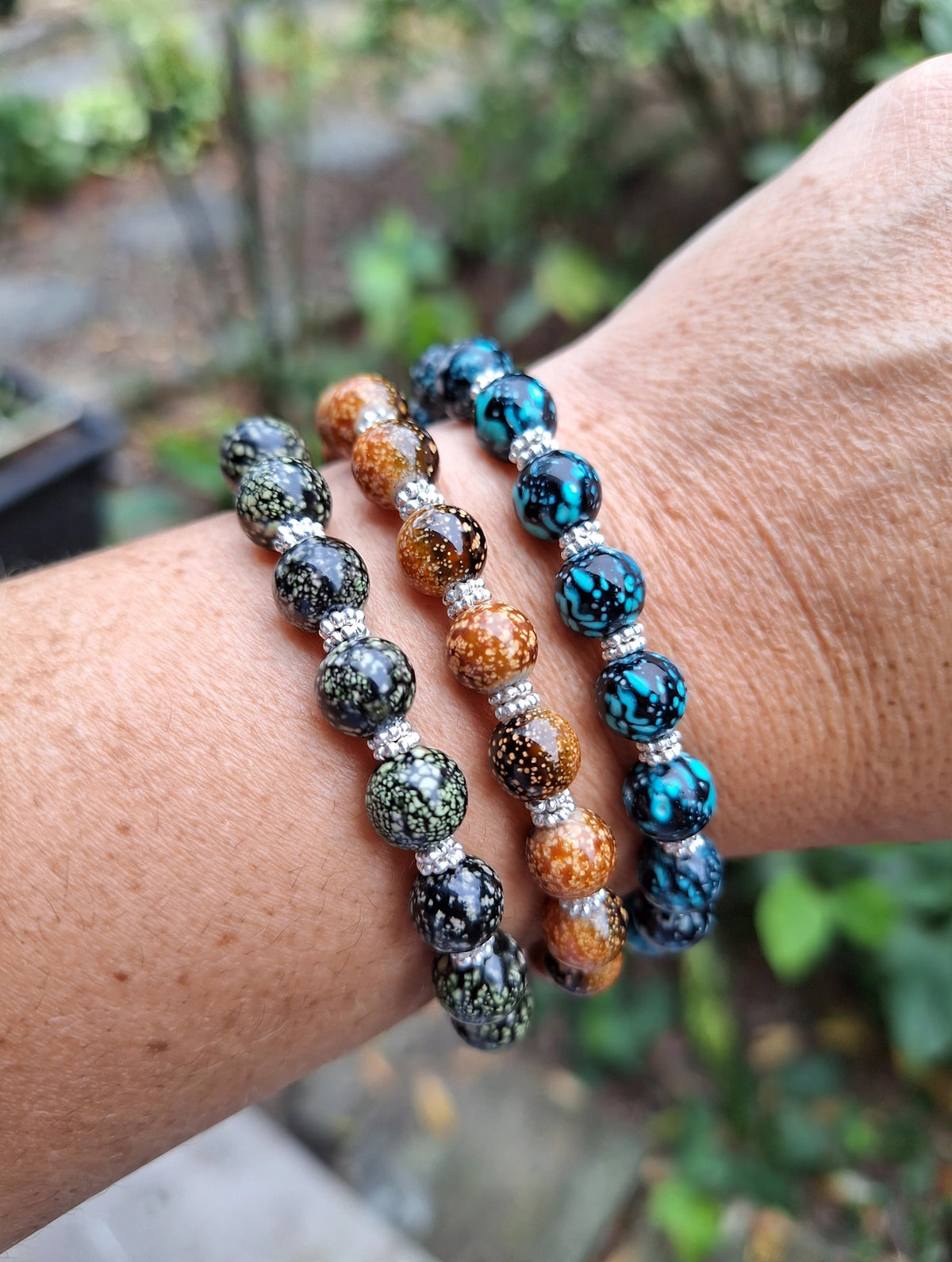 Marbled Stretch Bracelet Trio – Dark Green, Amber Bronze & Turquoise Blue Beaded Bracelets, Handmade Stacking Set