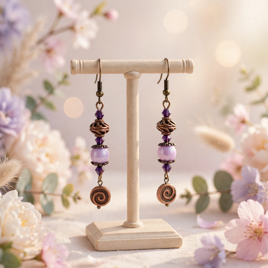 A pair of bohemian-style dangle earrings displayed on a small wooden stand, surrounded by soft-focus pink and white flowers with a warm, dreamy bokeh background. The earrings feature bronze spiral beads, purple amethyst beads, and a light purple glass bead.