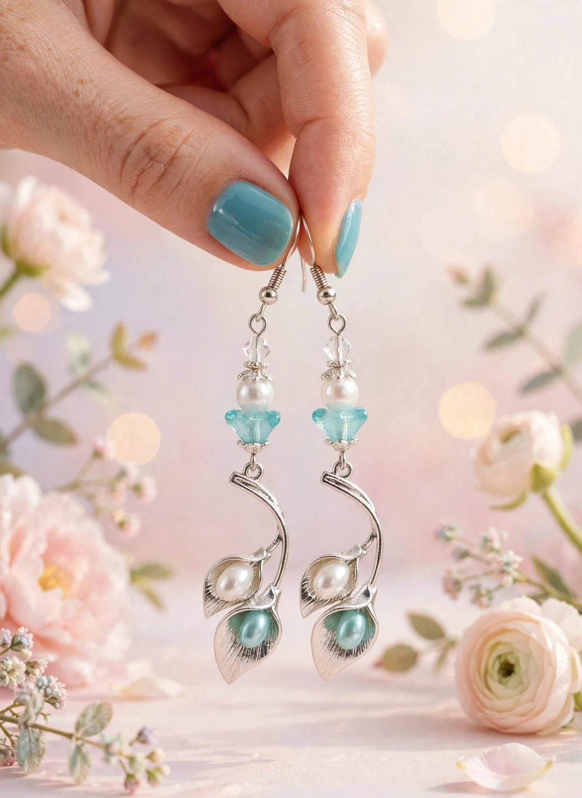 A close-up of a hand with light blue nail polish holding a pair of dangling earrings. The earrings feature silver-toned leaf-shaped charms with white faux pearls and light blue faceted beads, set against a soft pink floral bokeh background.