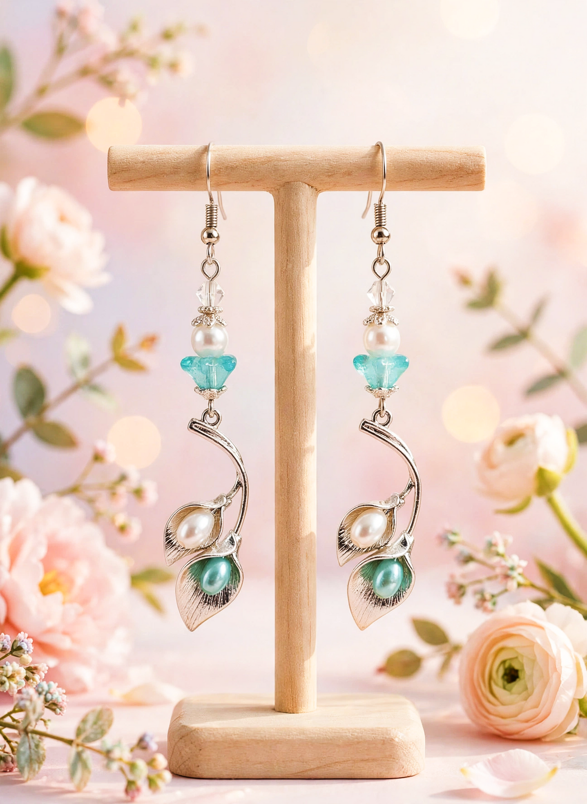 A pair of dangling earrings displayed on a small wooden T-stand against a soft pink floral background. The earrings have silver-tone hooks and curved metal stems with white pearl-like beads, light blue faceted beads, and green teardrop charms.