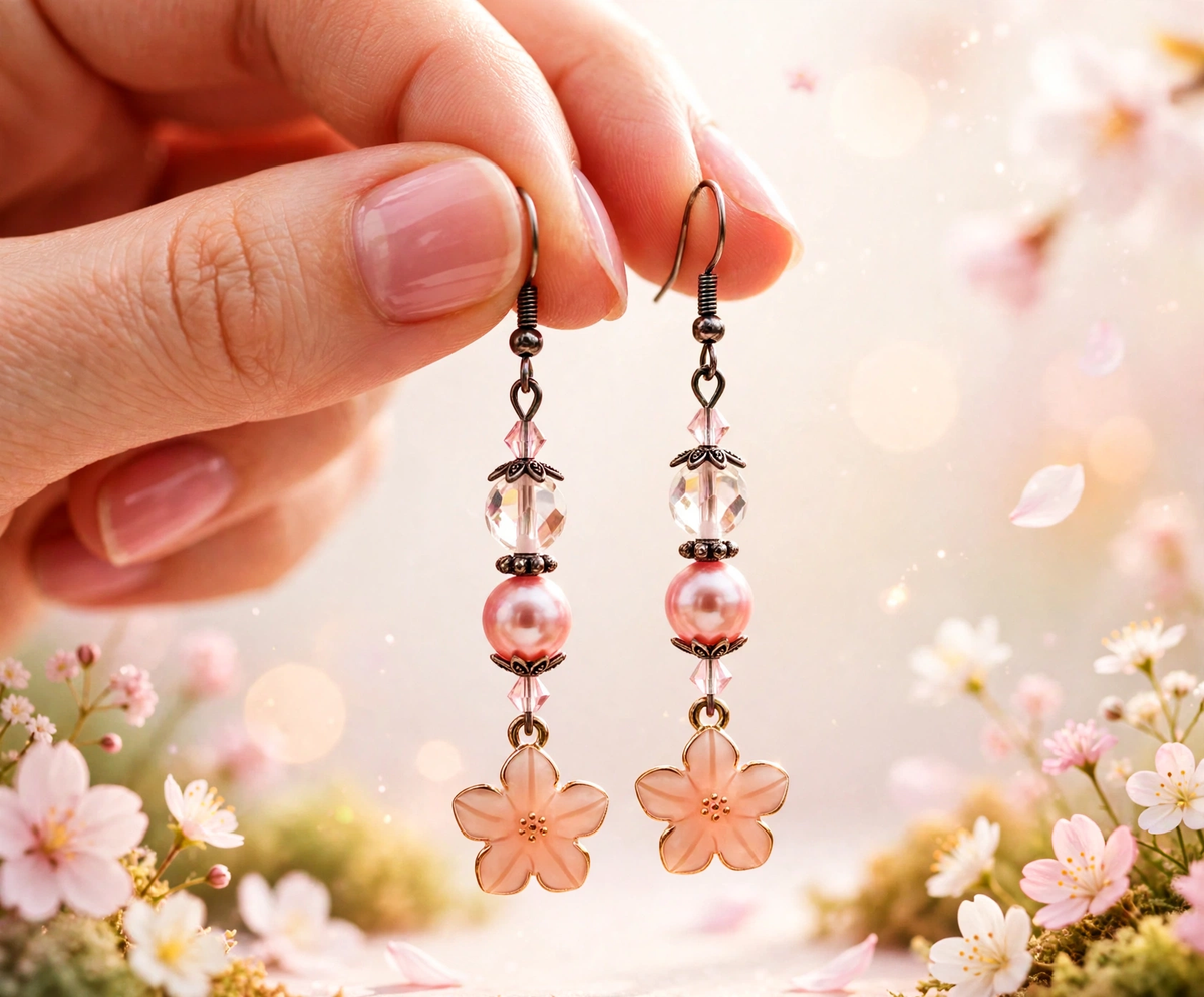 A close-up of a hand holding a pair of dangling earrings against a soft, blurred background of pink cherry blossoms. The earrings feature dark metal hooks, clear faceted beads, pink pearl-like beads, and pink flower charms.