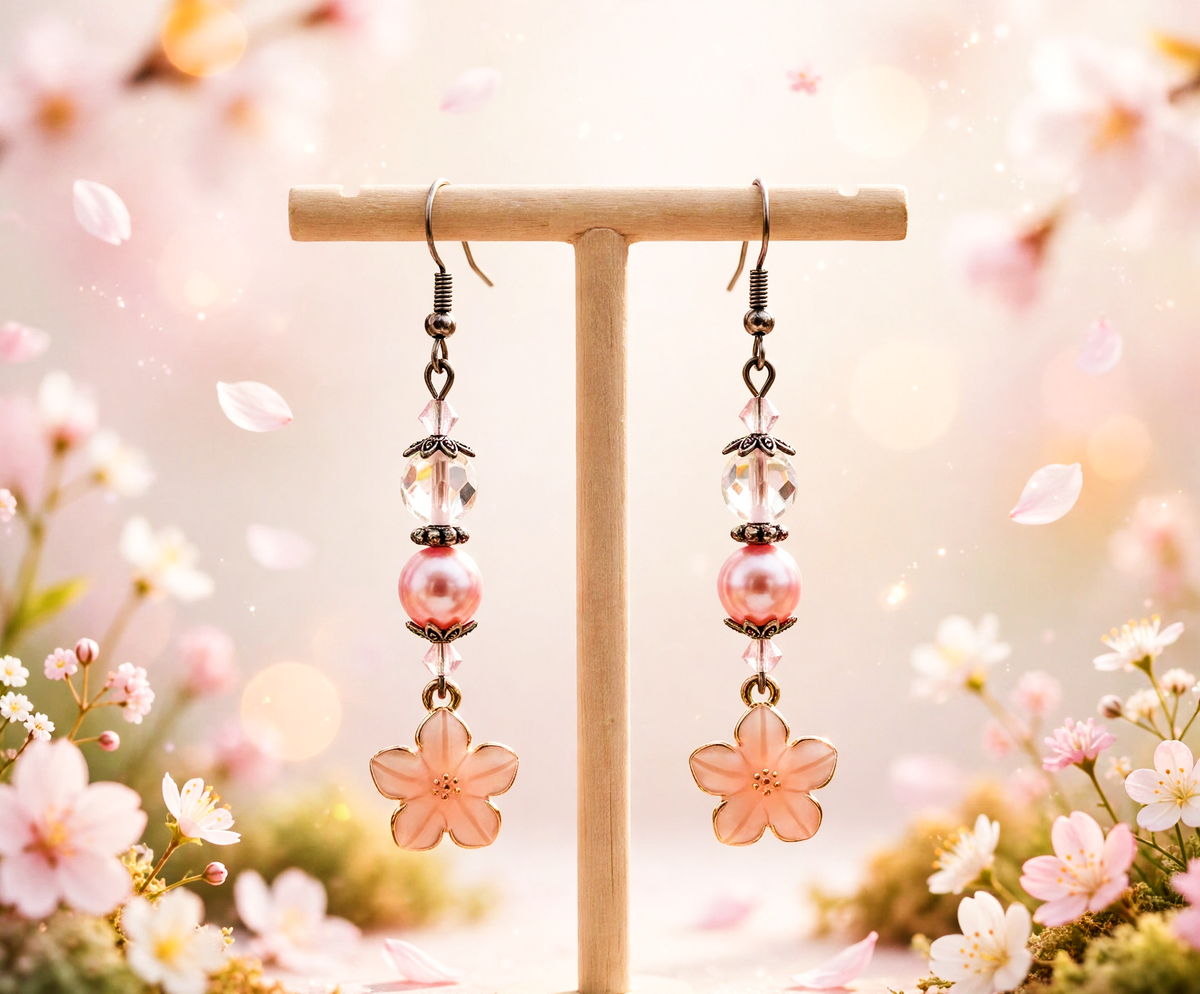 A pair of dangling earrings displayed on a small wooden T-stand. Each earring has a dark metal fishhook, a faceted clear bead, a pink pearl-like bead, a small clear bead, and a pink translucent flower charm at the bottom.