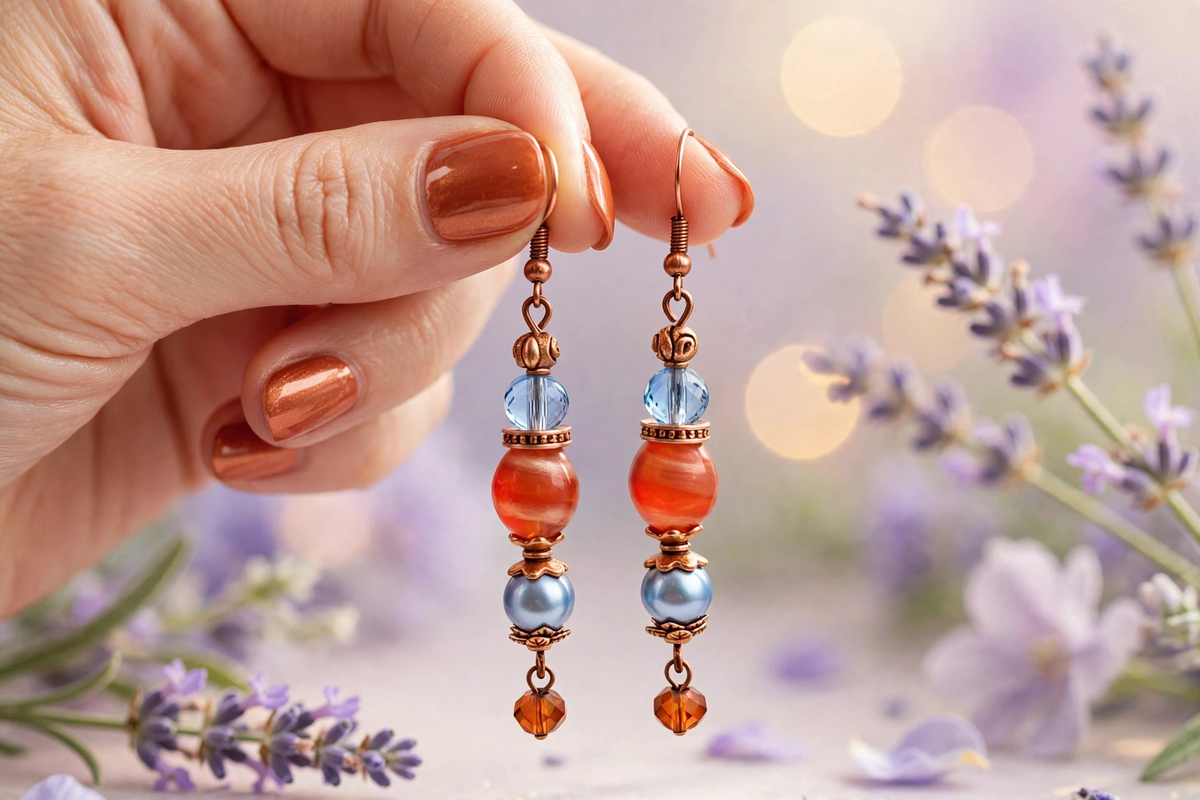 A close-up of a hand holding a pair of dangling earrings with copper-toned metal and beads in light blue, orange, and amber, set against a soft-focus background of lavender flowers.