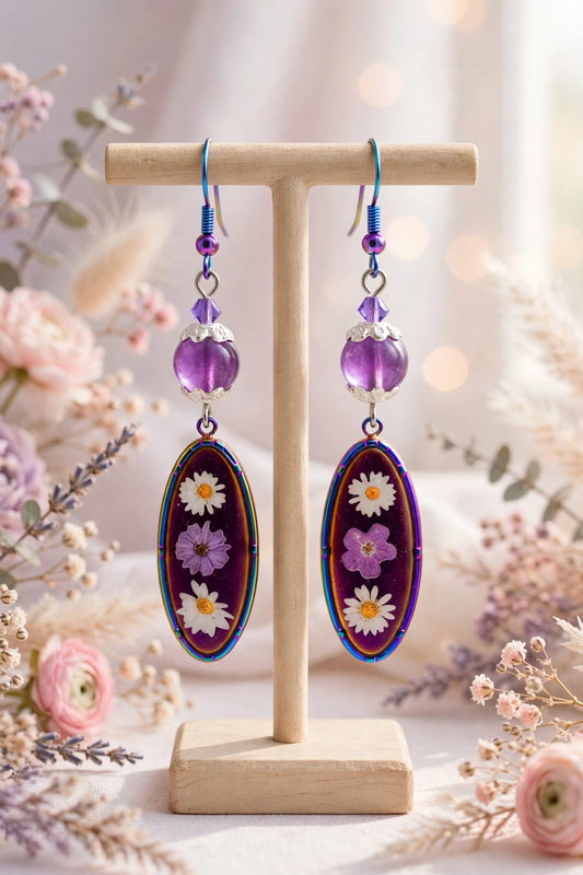 A pair of bohemian-style dangle earrings displayed on a wooden stand, featuring purple and blue floral designs inside oval purple frames, with purple beads and blue hooks, surrounded by soft pink and white flowers.