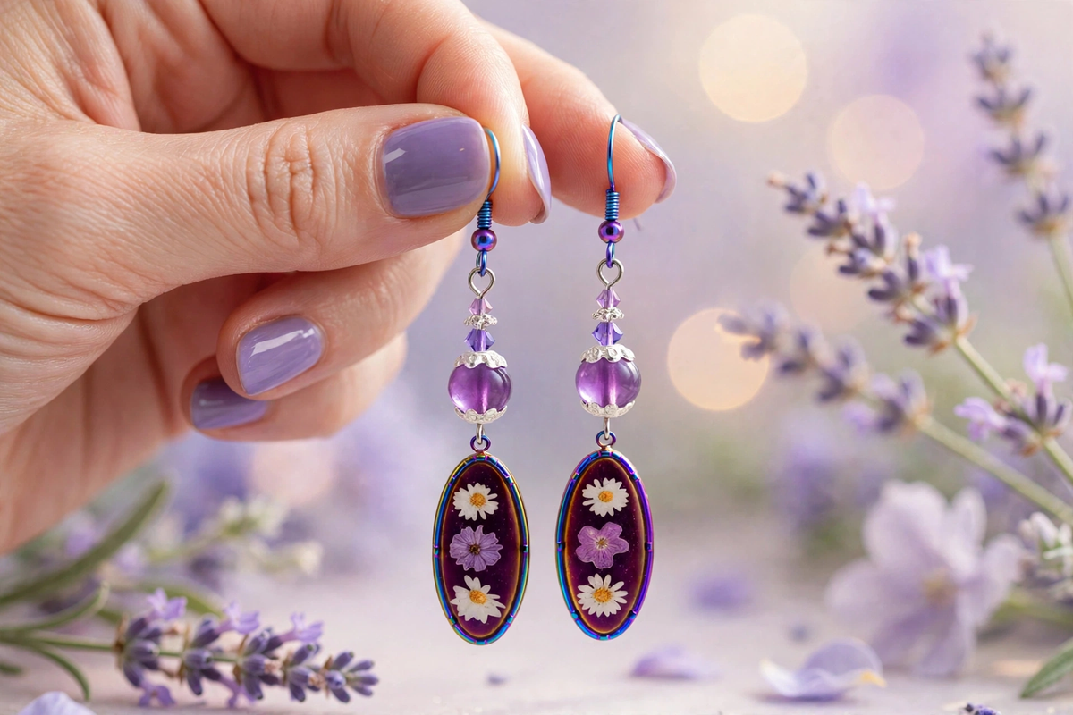 A close-up of a hand holding a pair of dangling earrings with purple beads and oval charms featuring pressed white and purple flowers, set against a soft lavender floral background.