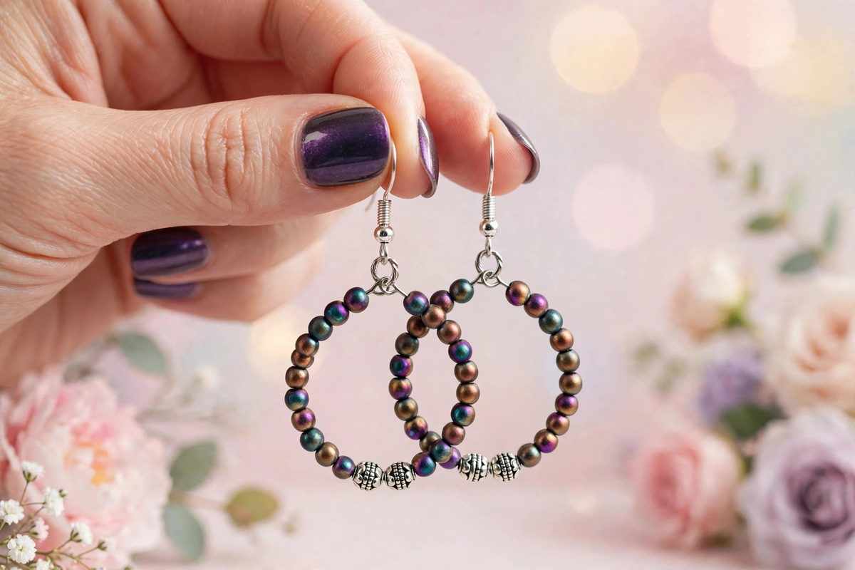 A hand with dark purple nail polish holds a pair of handmade hoop earrings made of iridescent dark green and purple beads with silver-toned metal findings, set against a soft-focus background of pink and purple flowers.