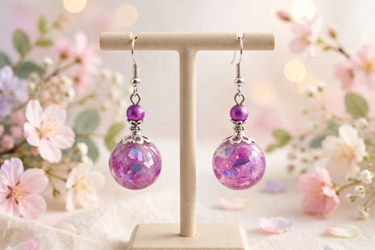 A pair of dangling earrings displayed on a small wooden stand, featuring iridescent purple glass globes with silver-toned hooks and beads, set against a soft floral background.