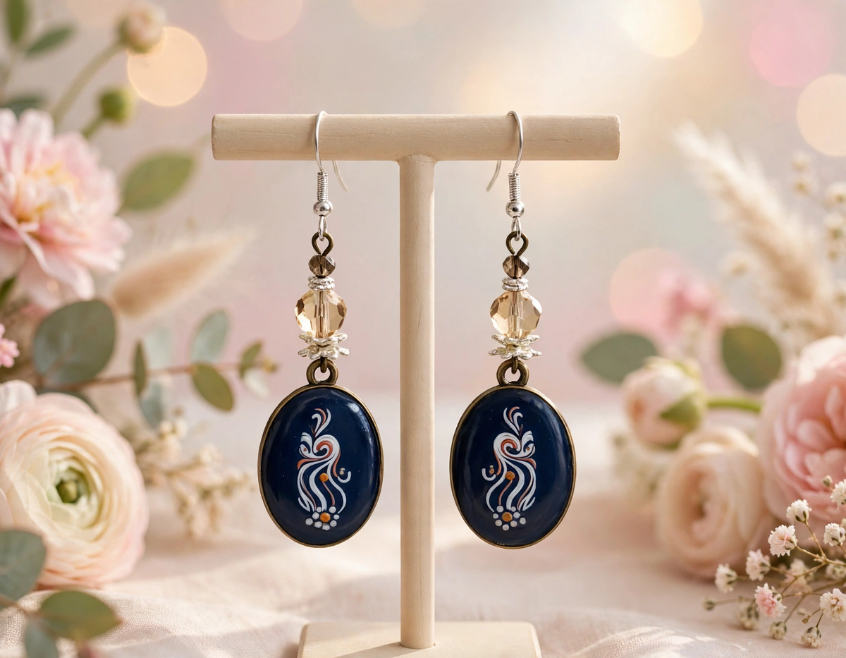 A pair of dangling earrings displayed on a wooden stand, featuring oval navy blue pendants with white and gold floral patterns, hanging from silver hooks with clear faceted beads, set against a soft-focus floral background.