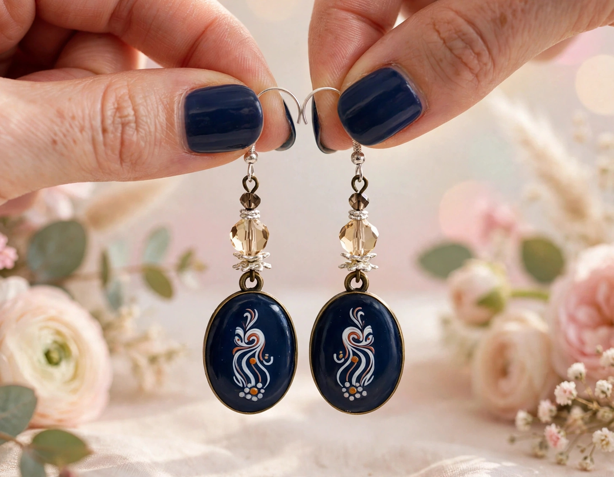 A close-up of hands with dark blue nail polish holding a pair of dangling earrings. The earrings have oval navy blue charms with white and gold abstract scrollwork, clear faceted beads, and silver-toned hooks.
