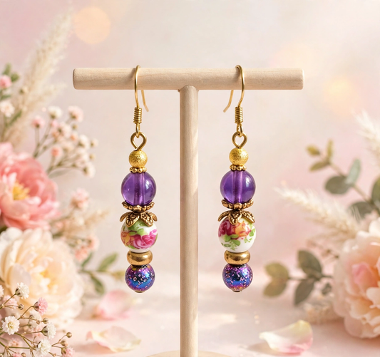 A pair of dangling earrings displayed on a small wooden stand against a soft pink floral background. The earrings have gold-tone hooks and beads, including a purple bead, a floral bead, and a blue-purple beaded section.