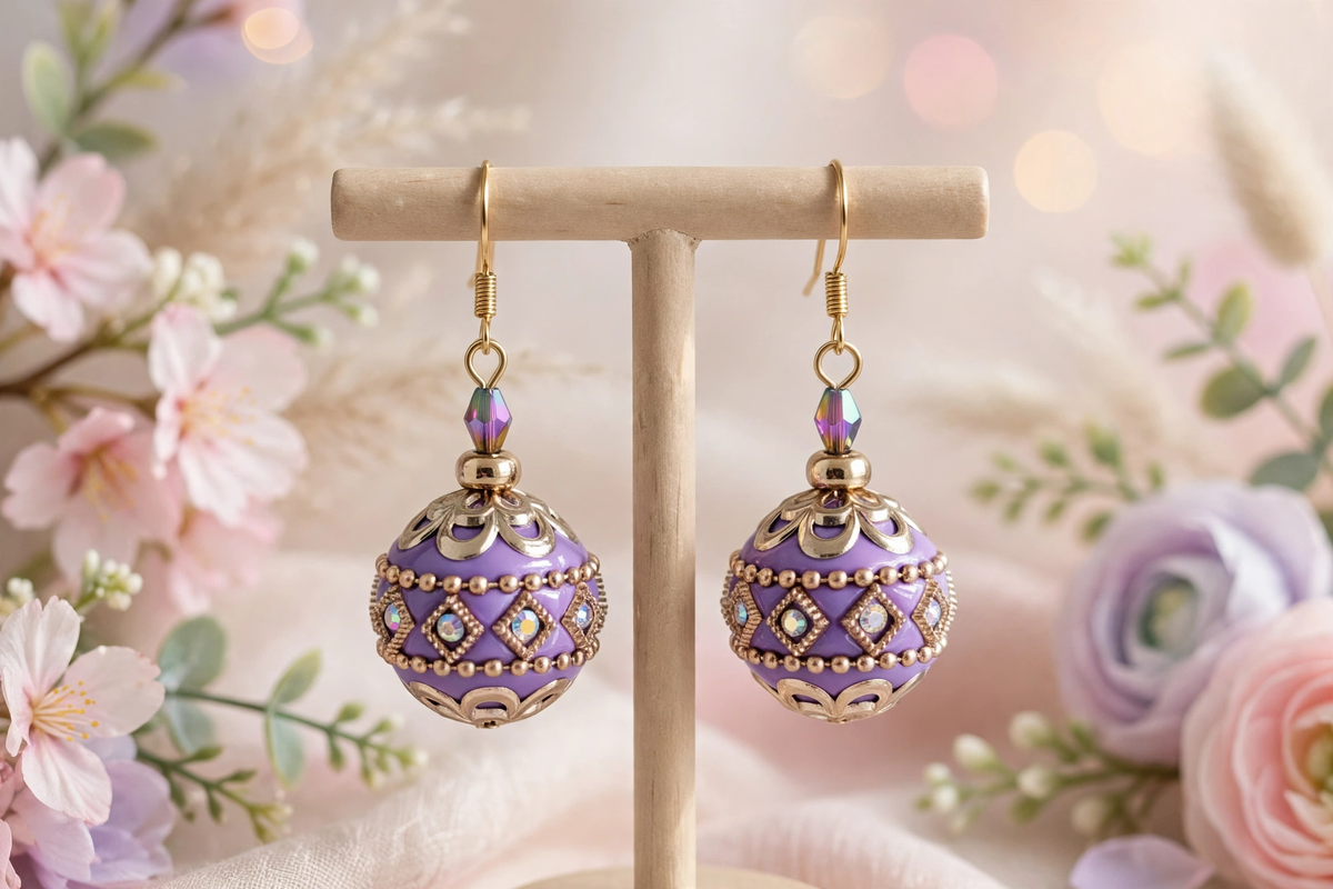Purple and gold beaded dangle earrings displayed on a wooden stand, surrounded by soft pink and lavender flowers with a warm bokeh background.