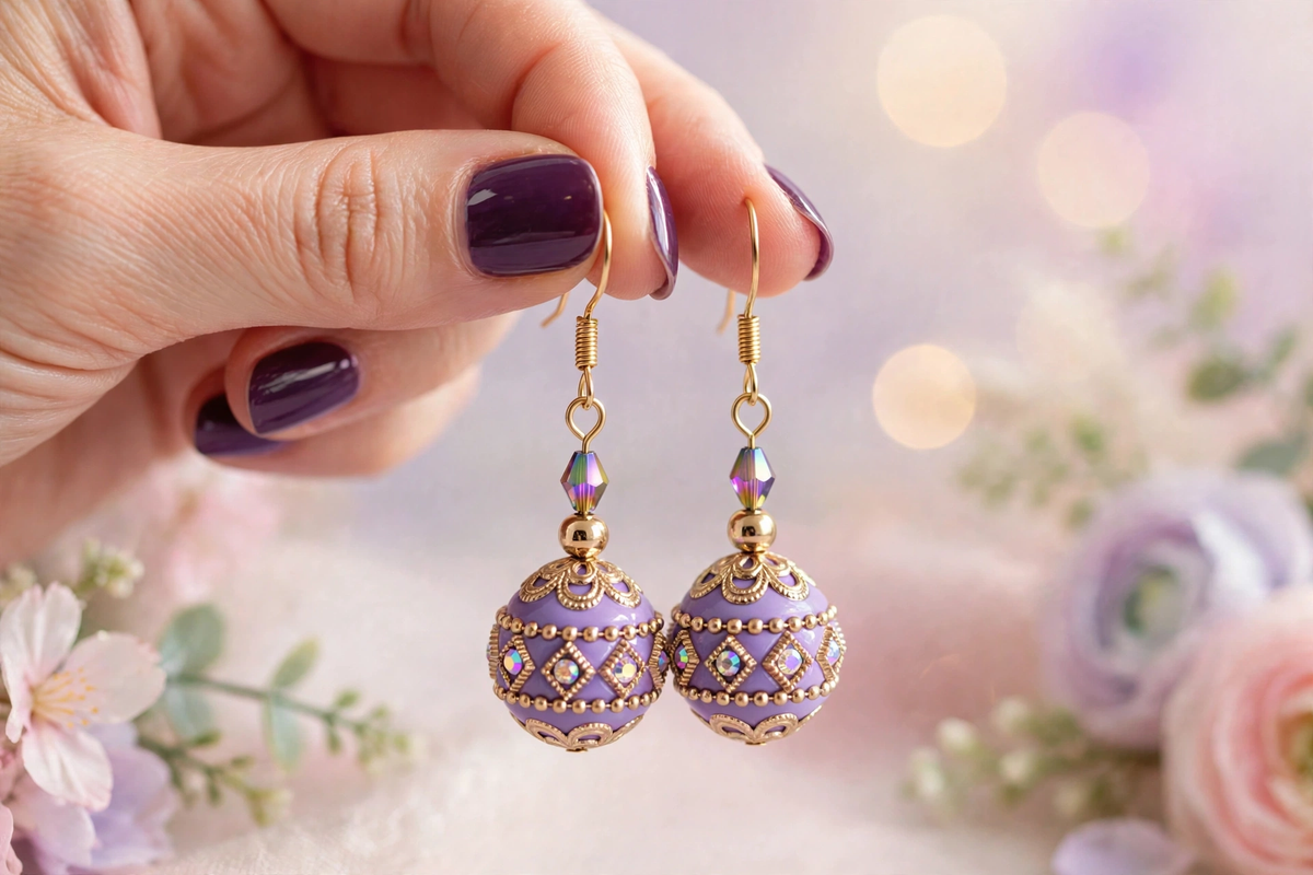 A close-up of a hand with dark purple nail polish holding a pair of dangling earrings. The earrings feature ornate gold-toned hooks and spherical purple beads decorated with intricate gold filigree patterns and small iridescent rhinestone accents.