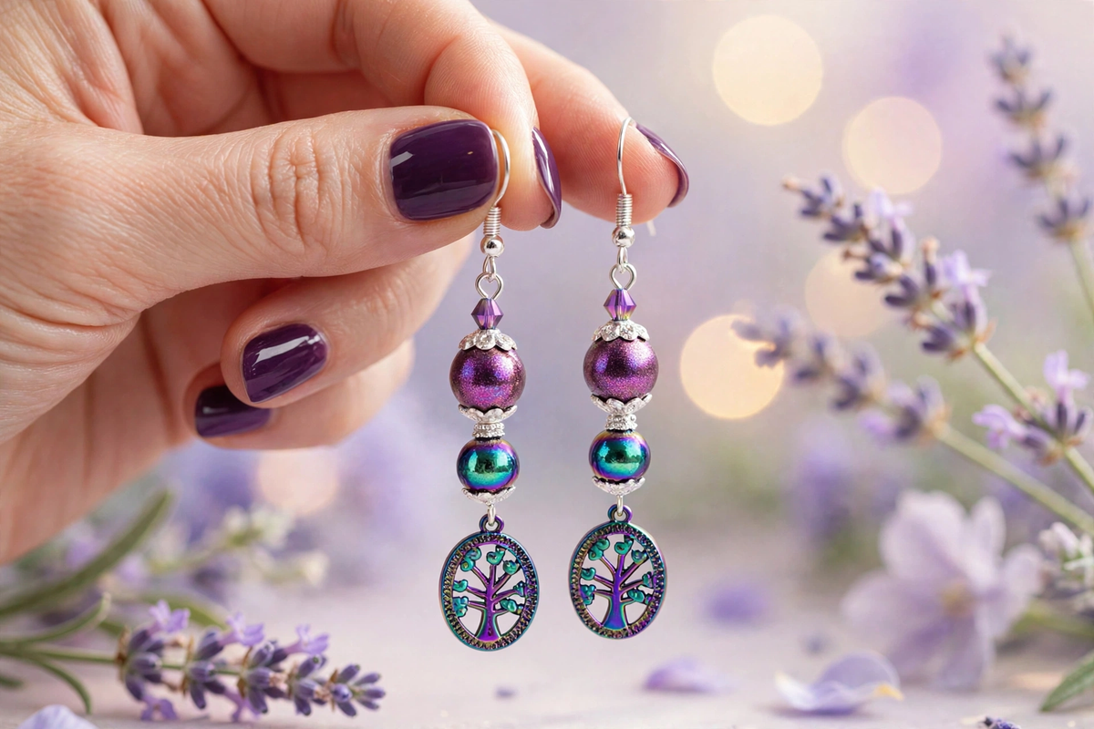 A close-up of a hand with dark purple nail polish holding a pair of dangling earrings. The earrings feature purple and iridescent green beads with oval tree-of-life charms.