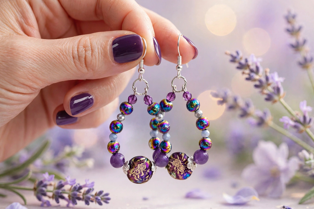 Hand with deep purple nail polish holding purple beaded hoop earrings with rainbow metallic beads and floral lampwork disc