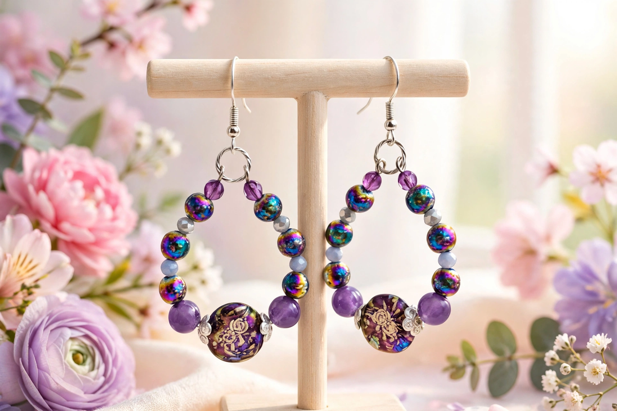A pair of dangling beaded earrings displayed on a wooden stand, surrounded by soft pink and purple flowers. The earrings feature iridescent blue and purple beads, lavender beads, and a prominent round purple and gold patterned bead at the bottom.