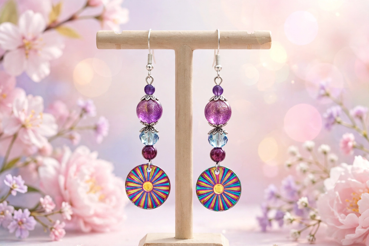 Colorful beaded dangle earrings displayed on a wooden T-stand, featuring purple and blue beads with circular sunburst-patterned charms, set against a soft pink floral bokeh background.
