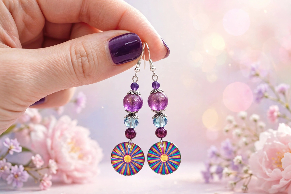 A hand with dark purple nail polish holds a pair of colorful dangling earrings against a soft, blurred background of pink flowers and bokeh lights. The earrings feature silver hooks, purple and light blue beads, and round sunburst-patterned charms in shades of blue, orange, yellow, and purple.