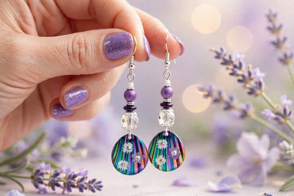 Handmade rainbow floral disc dangle earrings held between fingers with glittery purple nail polish