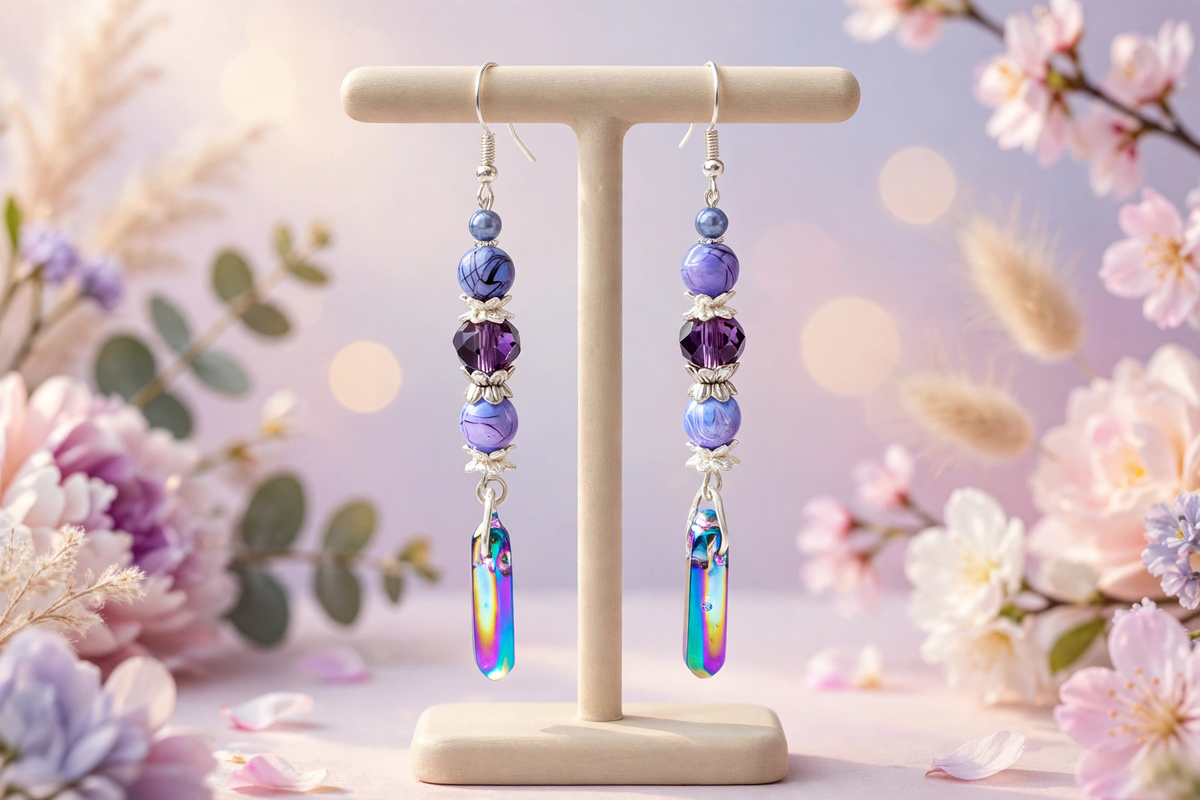 A pair of beaded dangle earrings displayed on a cream T-stand, set against a soft-focus floral background with pink blossoms and bokeh lights. The earrings feature purple and blue marbled beads, a purple faceted bead, silver-toned spacer beads, and a large iridescent crystal drop.