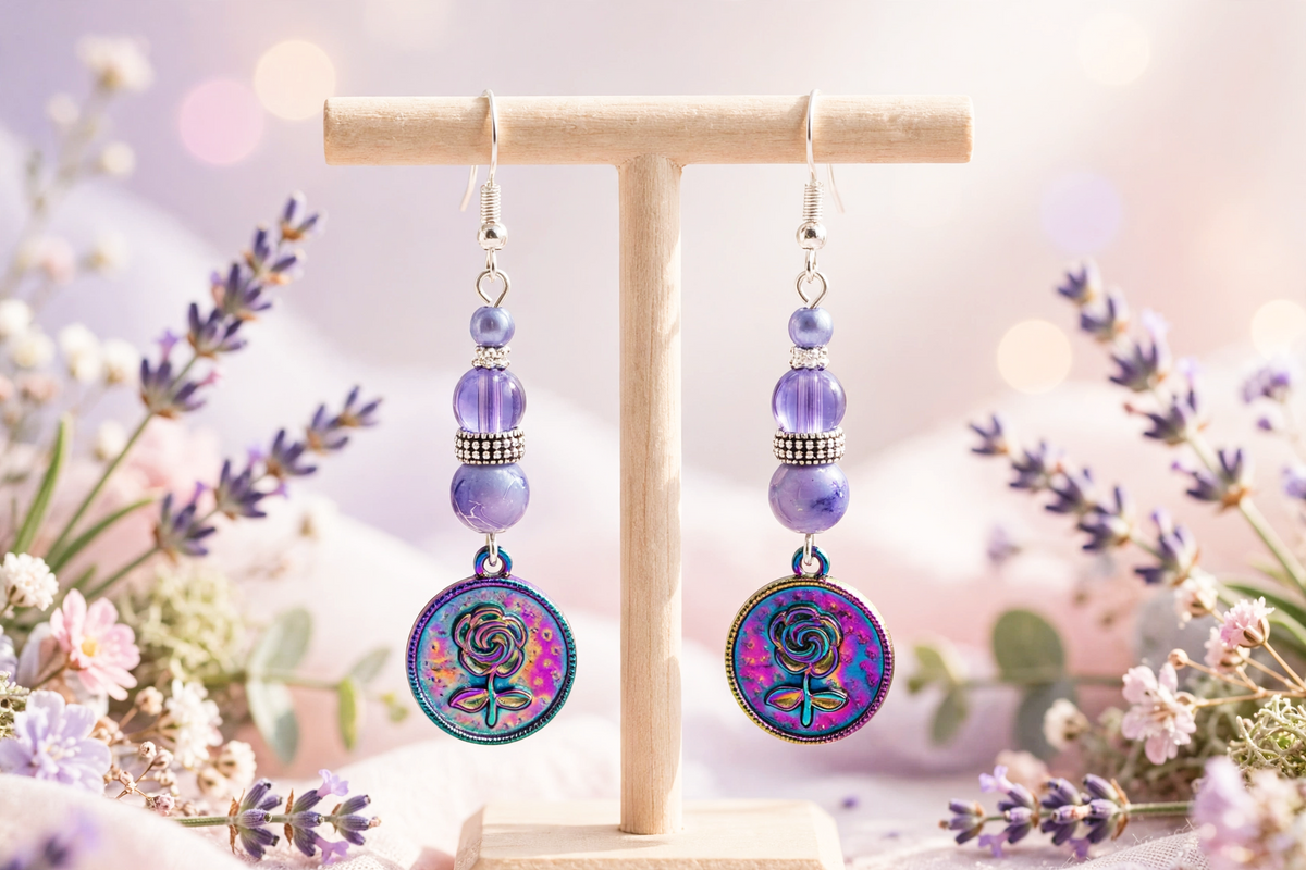 A pair of dangling earrings displayed on a small wooden T-stand, surrounded by soft lavender flowers and bokeh lights. The earrings feature silver hooks, purple beads, and round iridescent charms with a colorful floral pattern.