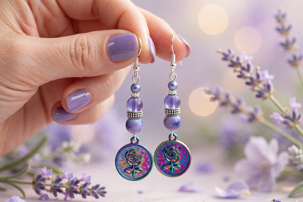 A close-up of a hand holding a pair of dangling earrings with lavender beads, silver spacer rings, and round iridescent charms featuring a rose design, set against a soft-focus background of lavender flowers.