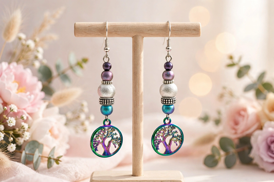 A pair of bohemian-style beaded dangle earrings displayed on a wooden T-stand. The earrings feature silver-toned metal hooks, purple and silver beads, a silver spacer bead, a blue bead, and a circular tree-of-life pendant with purple and green details.