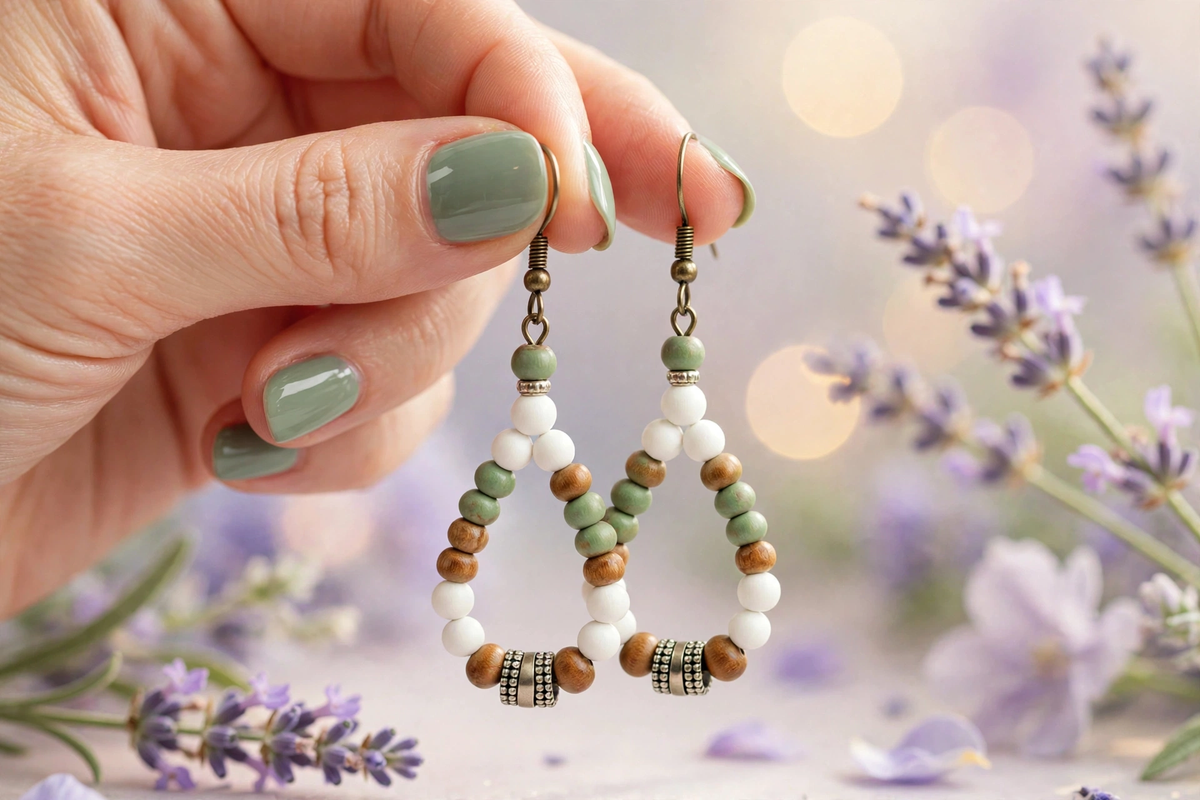 A close-up of a hand holding a pair of dangling beaded earrings with sage green, white, and brown beads, set against a soft-focus background of lavender flowers.