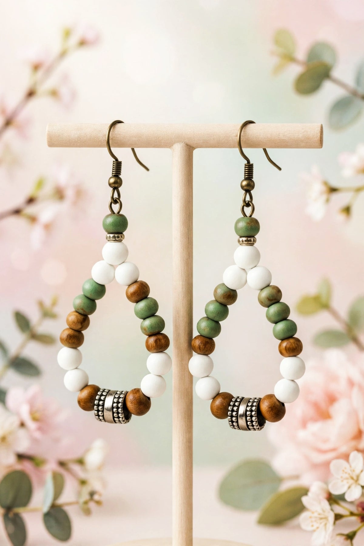 Pair of beaded dangle earrings displayed on a wooden stand, featuring white and sage green beads with brown wooden accents and silver-toned metal details, set against a soft pink floral bokeh background.