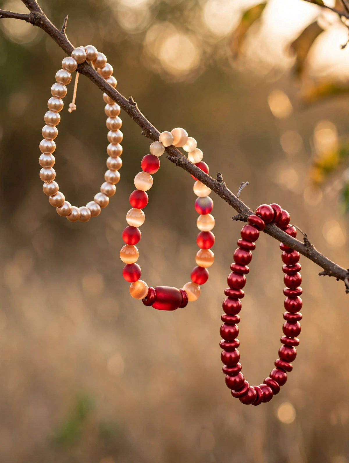 Set of 3 handmade burgundy, beige and red glass bead stretch bracelets hanging on a branch