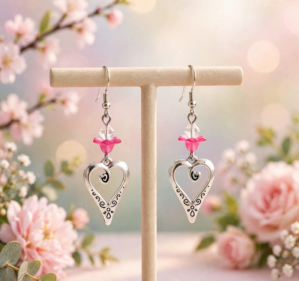 Silver heart dangle earrings with pink flower bead and clear crystal on wood display stand