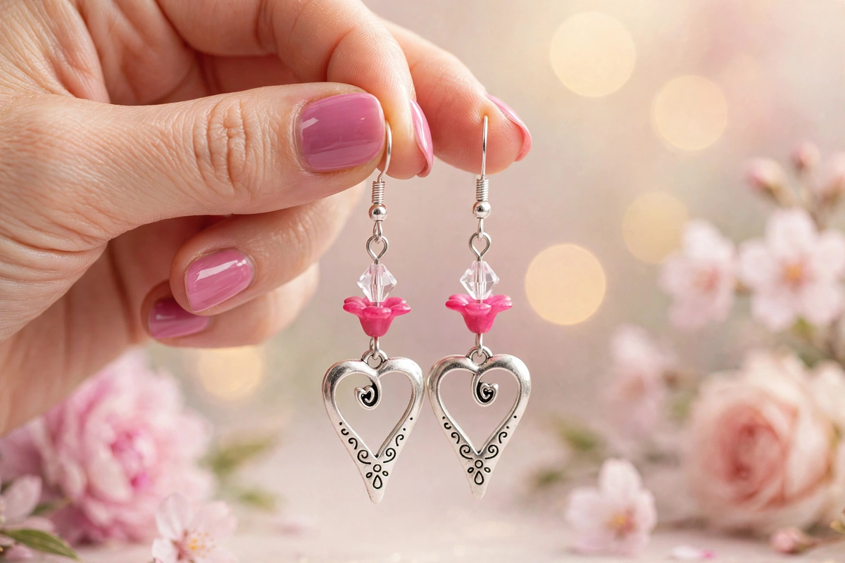 Hand holding silver heart dangle earrings with pink flower beads against soft pink blossoms