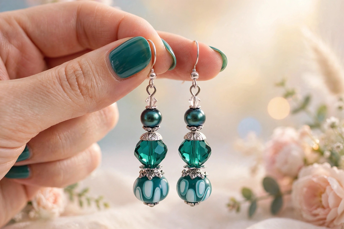 A close-up of a hand with teal nail polish holding a pair of dangling earrings. The earrings feature dark green faceted beads, marbled teal and white beads, and silver-toned metal settings, set against a soft-focus background of pink flowers and bokeh lights.