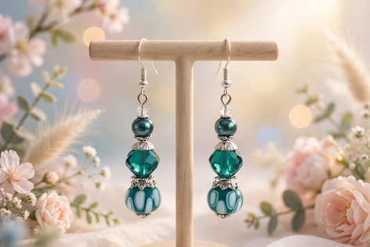 A pair of dangling earrings displayed on a wooden T-stand, featuring stacked teal and green marbled beads with silver-toned metal caps and hooks, set against a soft-focus floral background.