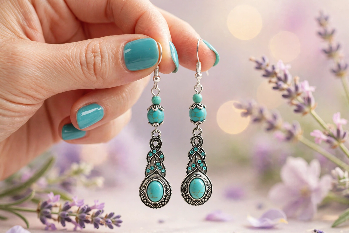 A close-up of a hand with turquoise nail polish holding a pair of silver dangle earrings with turquoise stones, set against a soft-focus background of lavender flowers.