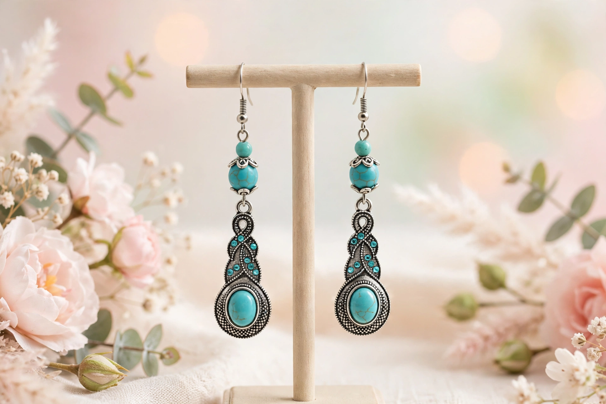 A pair of long dangle earrings displayed on a wooden stand, featuring turquoise-colored stones and silver-toned filigree details, set against a soft-focus floral background.