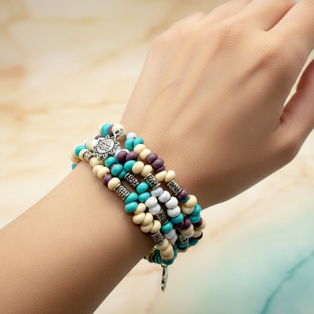 Japanese Matagama Glass Bead Memory Wire Bracelet - 3 Strand Blue Purple Cream Silver - Handmade Boho Jewelry